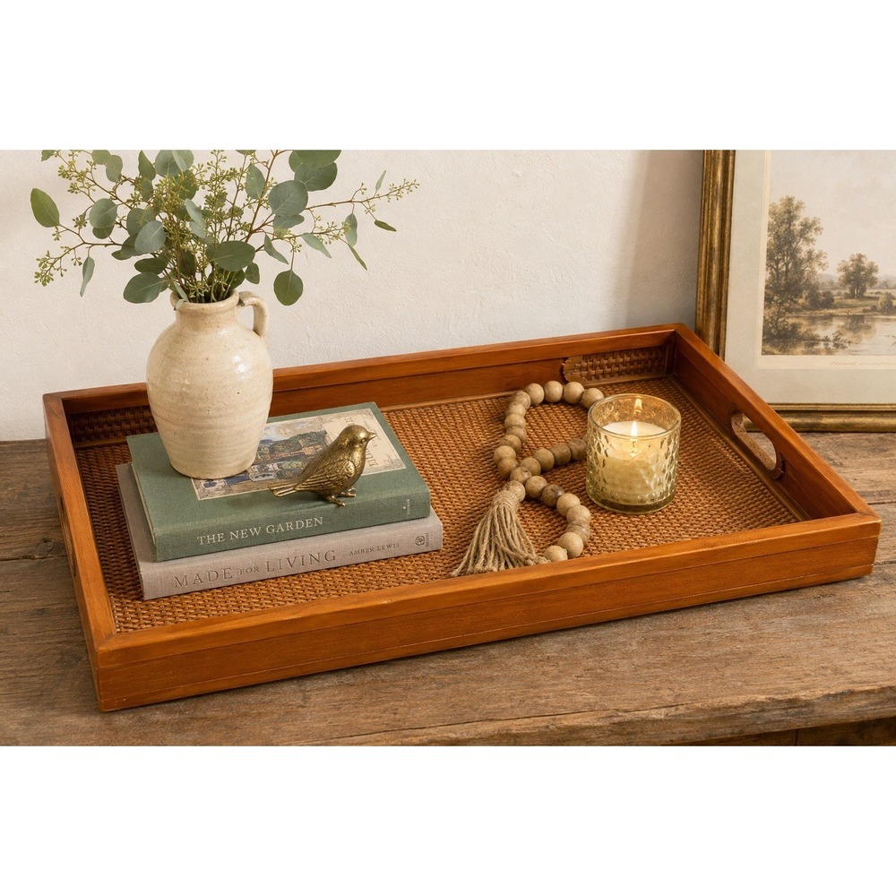 Vintage Large Wood Framed Woven Rattan Wicker Serving Display Tray 23.5" x 14.5"